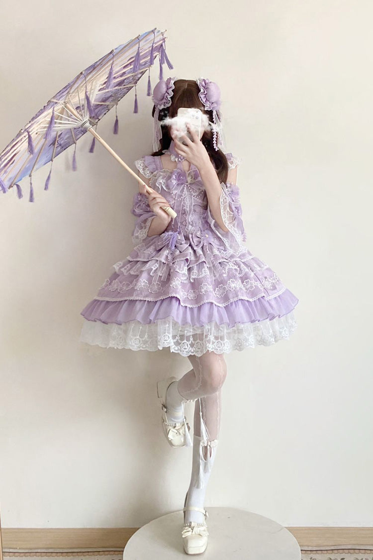 Lila [Regen von Pfirsichen] Ärmelloses mehrschichtiges Schleifen-Spitzen-Süßes-Chinesischer-Stil-Lolita-Jsk-Kleid 