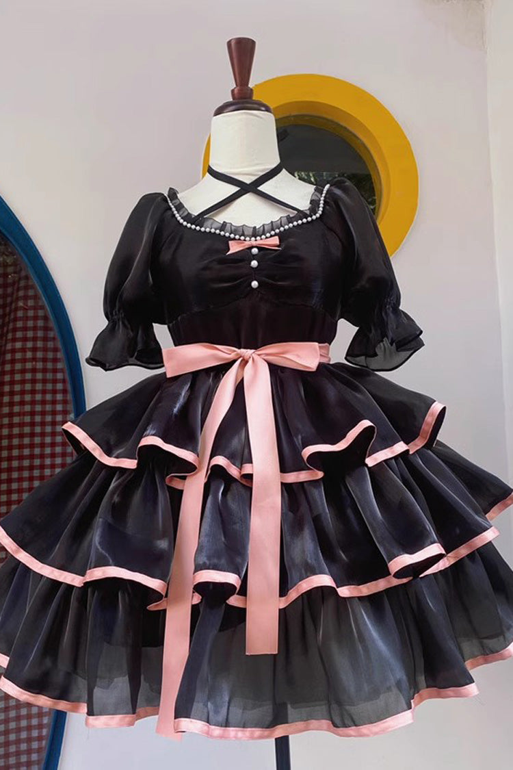 Rose Contrast Color Large Swing Tiered Short Sleeves Gothic Lolita OP Dress 3 Colors