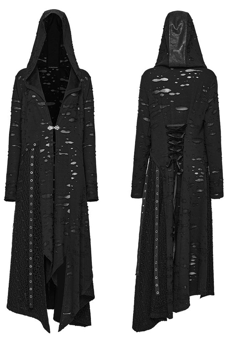 Black Ripped Mesh Stitching Irregular Hooded Womens Steampunk Coat