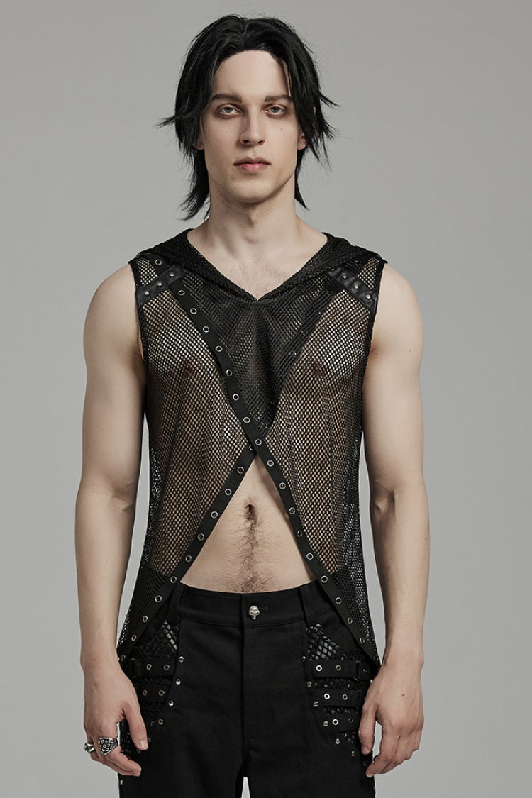 Black Sleeveless Irregular Hooded Mesh Eyelet Men's Punk Vest