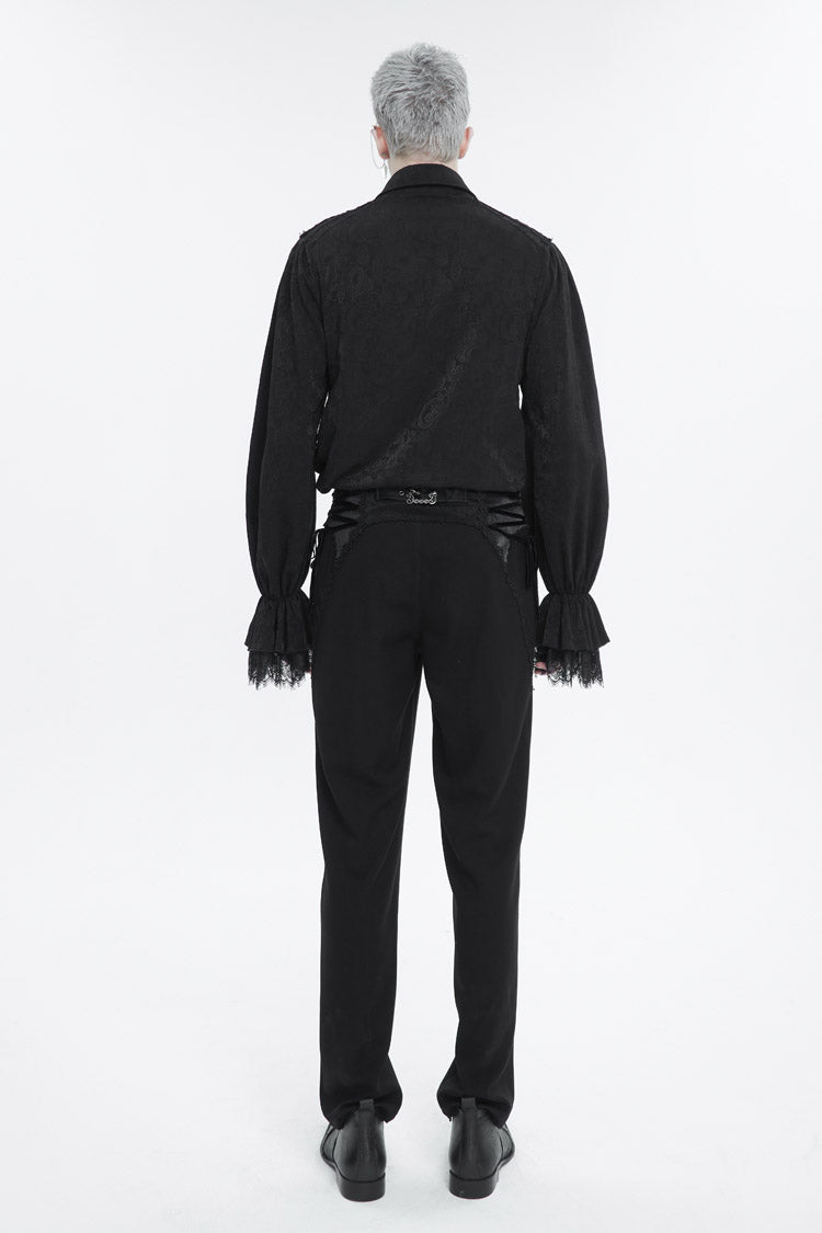 Black Lapel Collar Puff Sleeved Lace Hem Men's Gothic Shirt