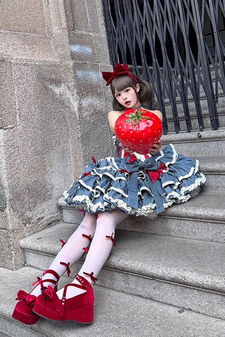 Blue [Milk Rabbit Theater] Halterneck Sleeveless Triple-Layered Ruffle Bowknot Lace-Up Sweet Lolita Jsk Dress