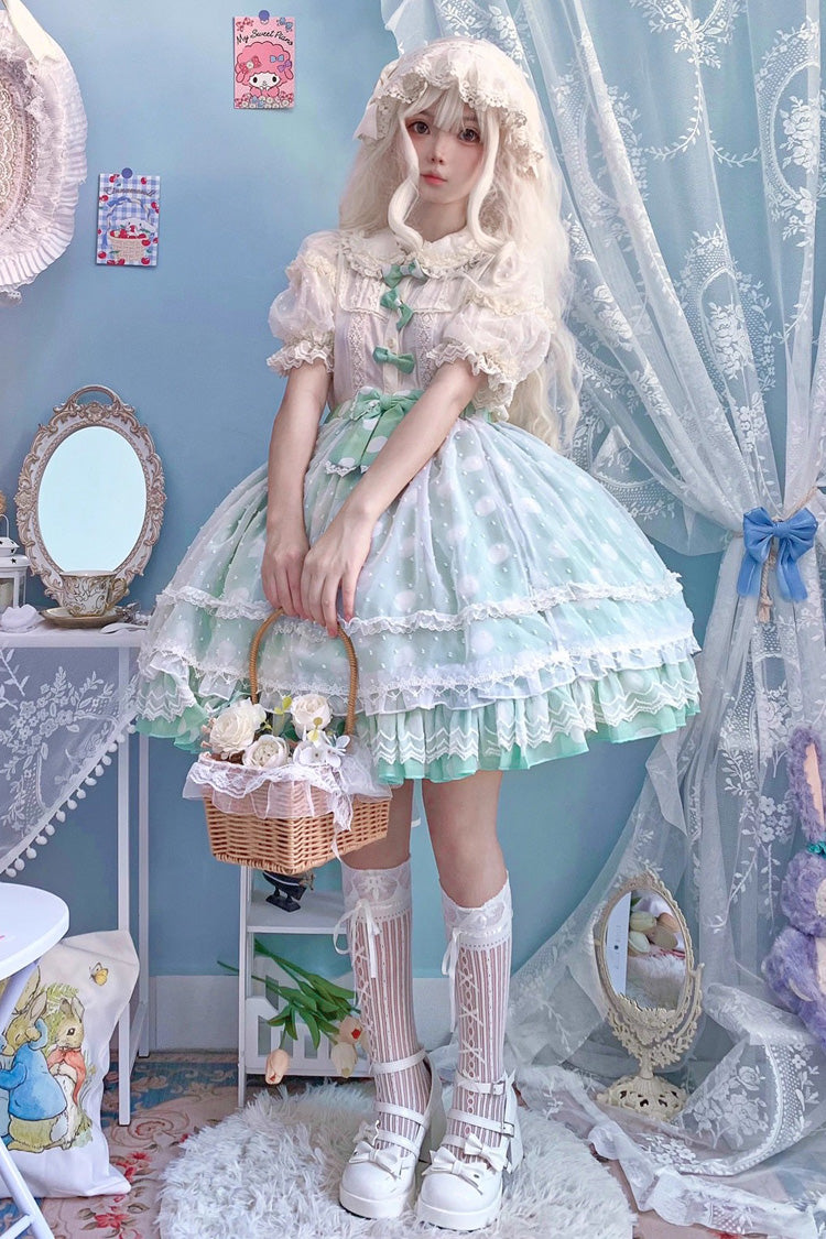 [Wave Candy] Jupe Lolita douce à nœud à volants imprimé triple couche 3 couleurs 
