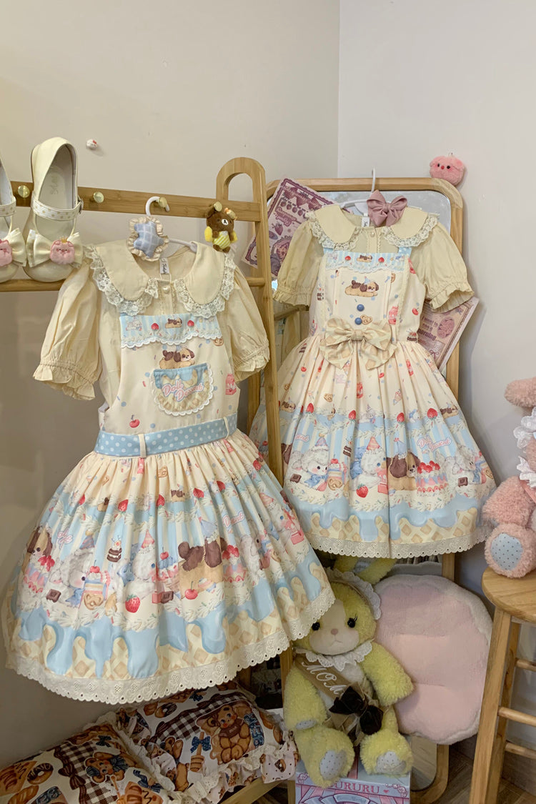 Cream Party Print Bowknot Stitching Lace Sweet Lolita Jsk Dress 3 Colors