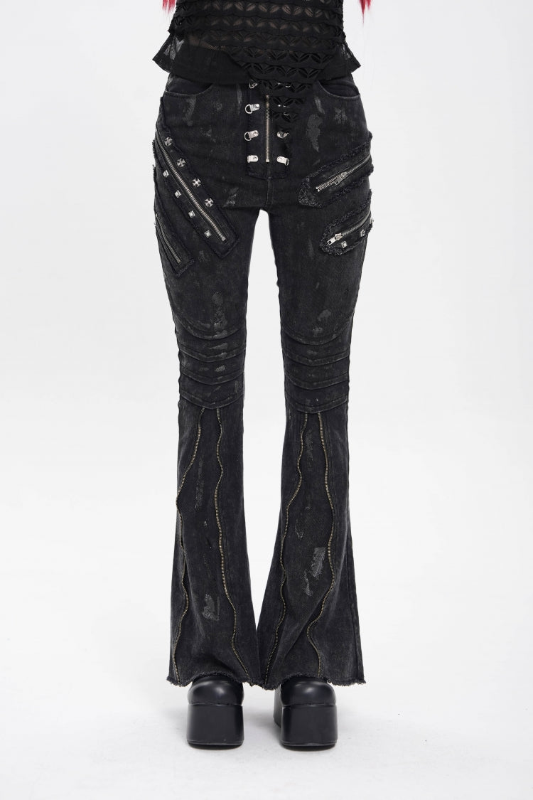 Black Zipper Pleated Women's Punk Flared Pants