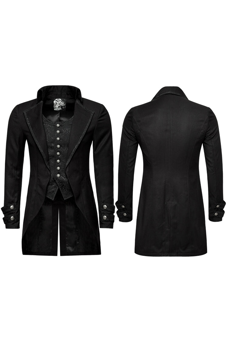 Black Fake Two-Pieces Metal Button Long Sleeves Jacquard Print Mens Gothic Coat