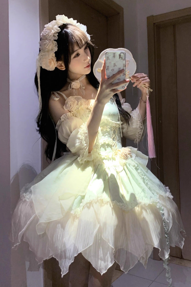 Green [Tea Bamboo Song] Sleeveless Print Ruffle Bowknot Sweet Chinese Style Elegant Ballet Lolita Jsk Short Dress