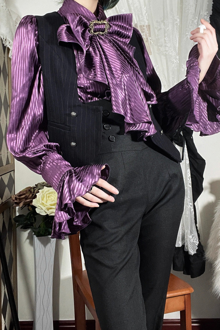 Moonstone Lapel Collar Long Sleeves Vertical Striped Print Ruffle Ouji Gothic Prince Lolita Blouse 3 Colors