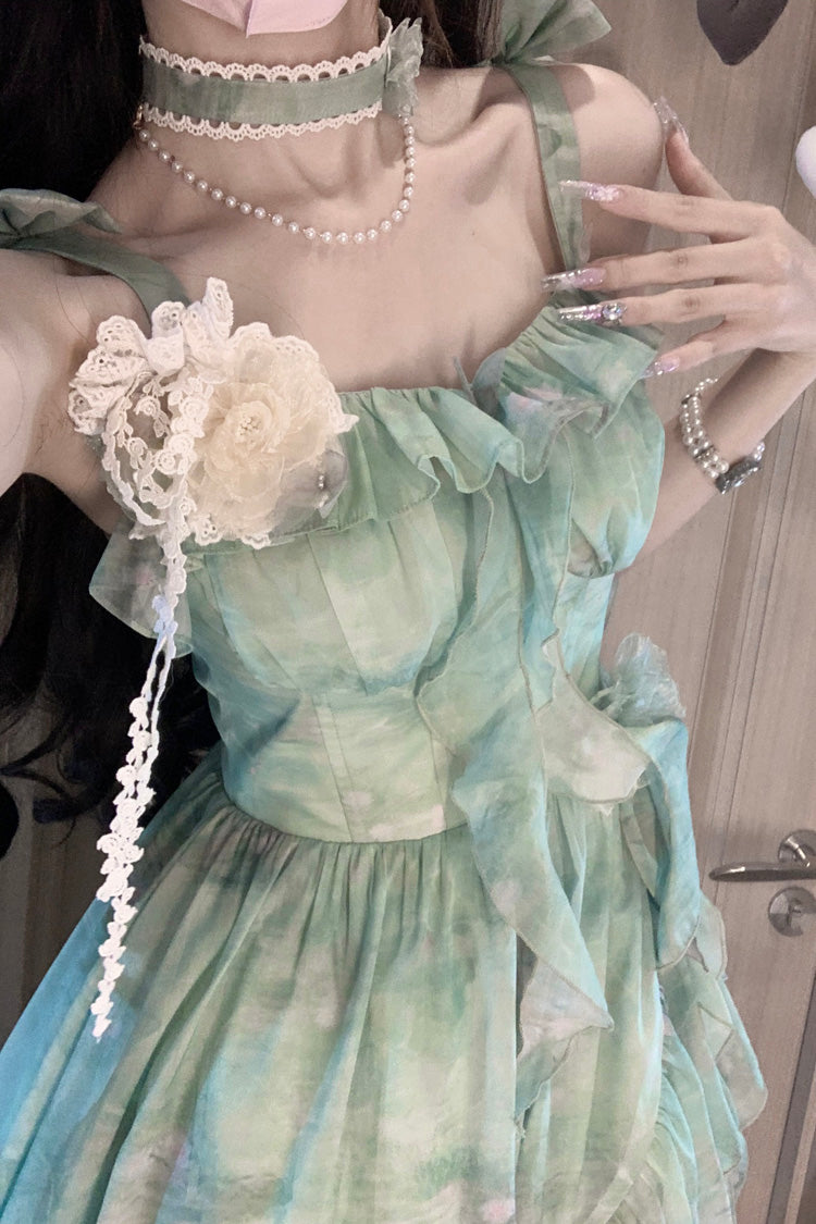 Green [Forest Garden] Print Ruffle Bowknot Sweet Lolita Jsk Long Dress