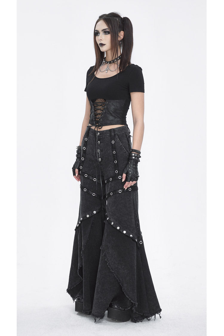 Black Mesh Eyelets Ruffled Flared Womens Punk Pants