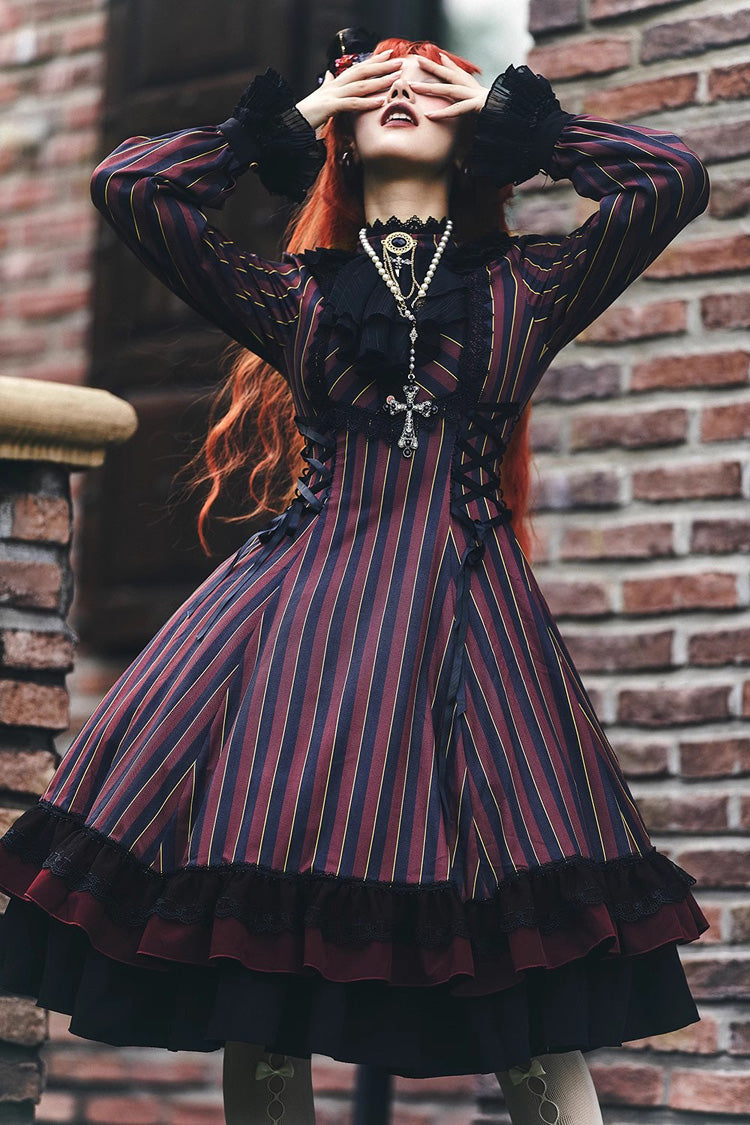 Point Manor Stand Collar Long Sleeves Multi-layer Striped Print Ruffle Gothic Lolita Dress 4 Colors