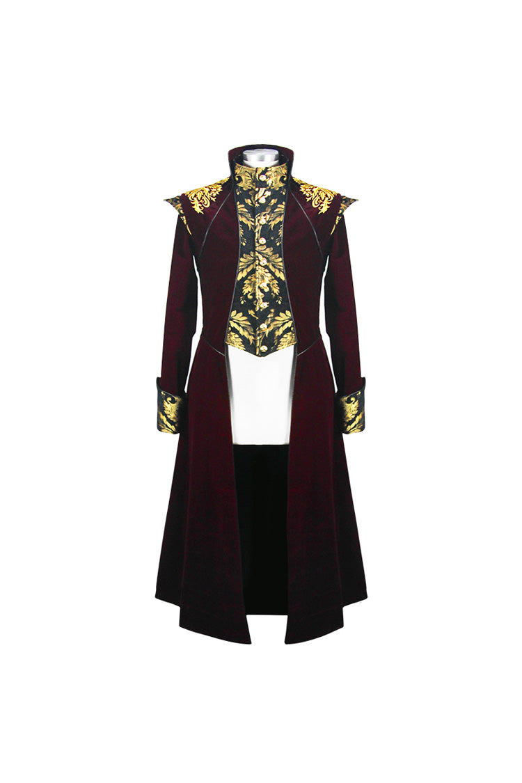 Black/Red Jacquard Gold Faded Buttons Fleece Long Men's Gothic Coat