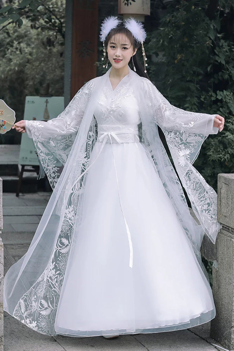 Feenhaftes, altchinesisch inspiriertes, langärmliges, besticktes, lässiges Hanfu-Kleid-Set in 3 Farben