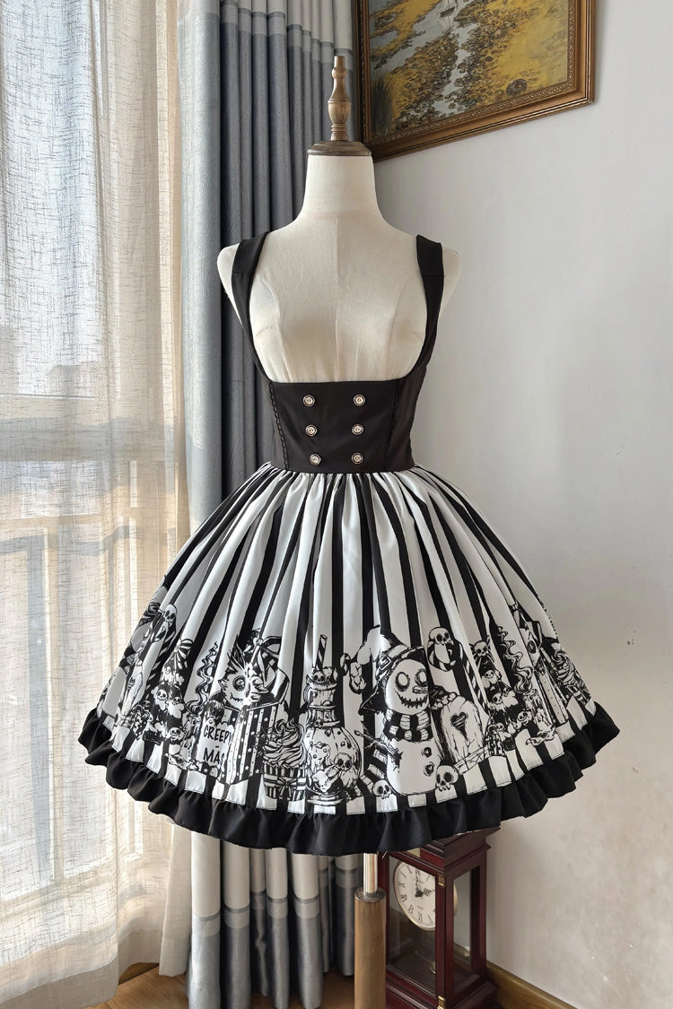 Schwarz/Weiß [A Weird Christmas] Ärmelloses, bedrucktes, gerüschtes, bruststützendes Gothic-Lolita-JSK-Kleid