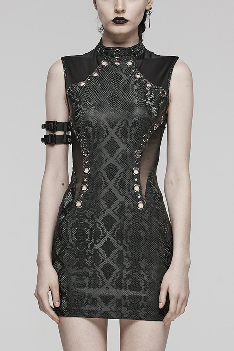 Black Sleeveless Metal Rings Hollow Mesh Women's Steampunk Dress