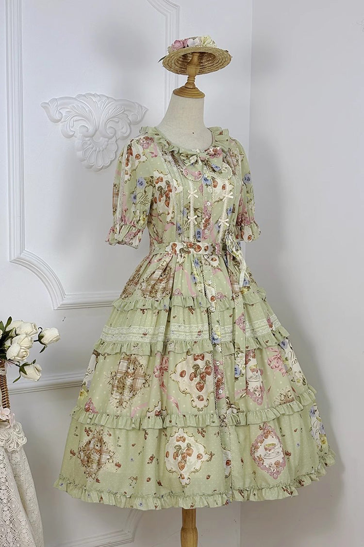 Robe Lolita Douce Quotidienne à Manches Courtes Imprimée Vert [Thé de Rose de Chat] avec Volants et Nœud Papillon 