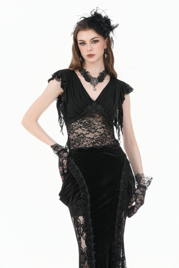 Black V Collar Floral Lace Patchwork Draped Ruffled Flutter Sleeves  Women's Gothic Crop Top
