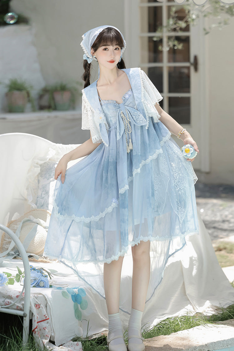 Blue [Clouds Resting in the Wilderness] Print Ruffle Embroidery Bowknot Lace Irregular Lolita Jsk Dress