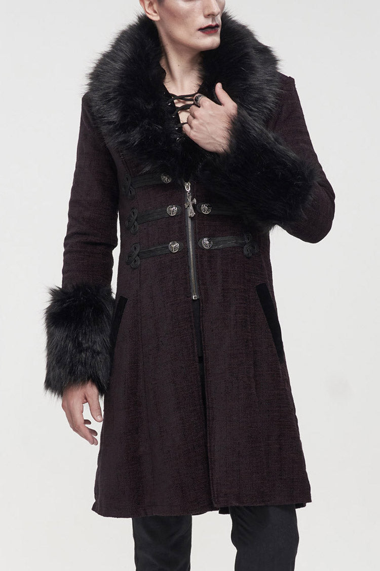 Wine Gothic Vintage Button Decoration Removable Fur Collar Men's Coat