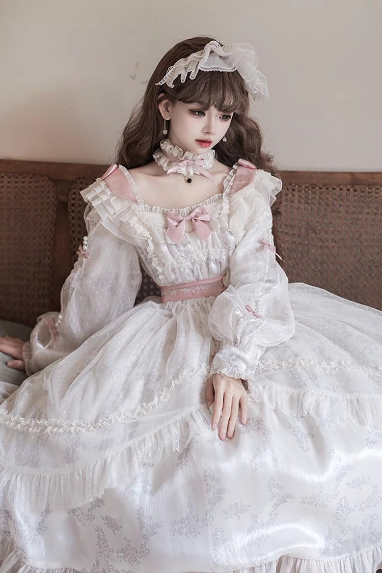 Ivory Long Sleeves Rose Print Bowknot Sweet Princess Lolita Dress