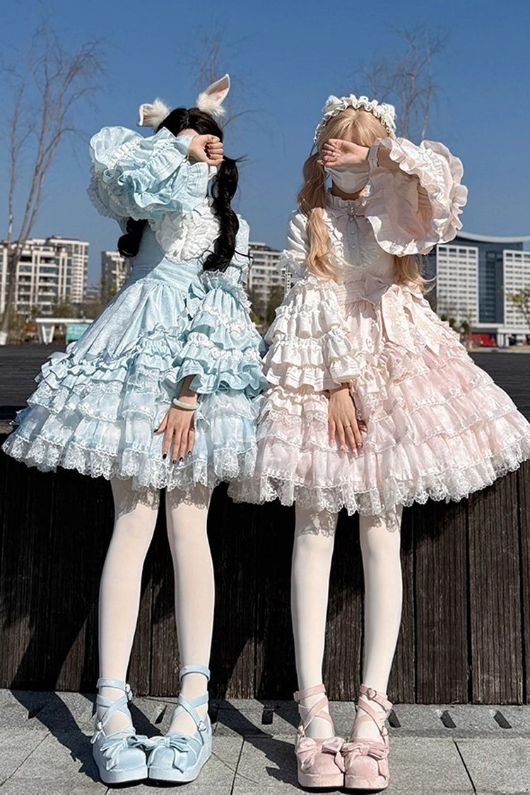 Pink [The Soloist Doll] Long Hime Sleeves Multi-Layered Print Ruffle Bowknot Asymmetric Sweet Lolita Dress