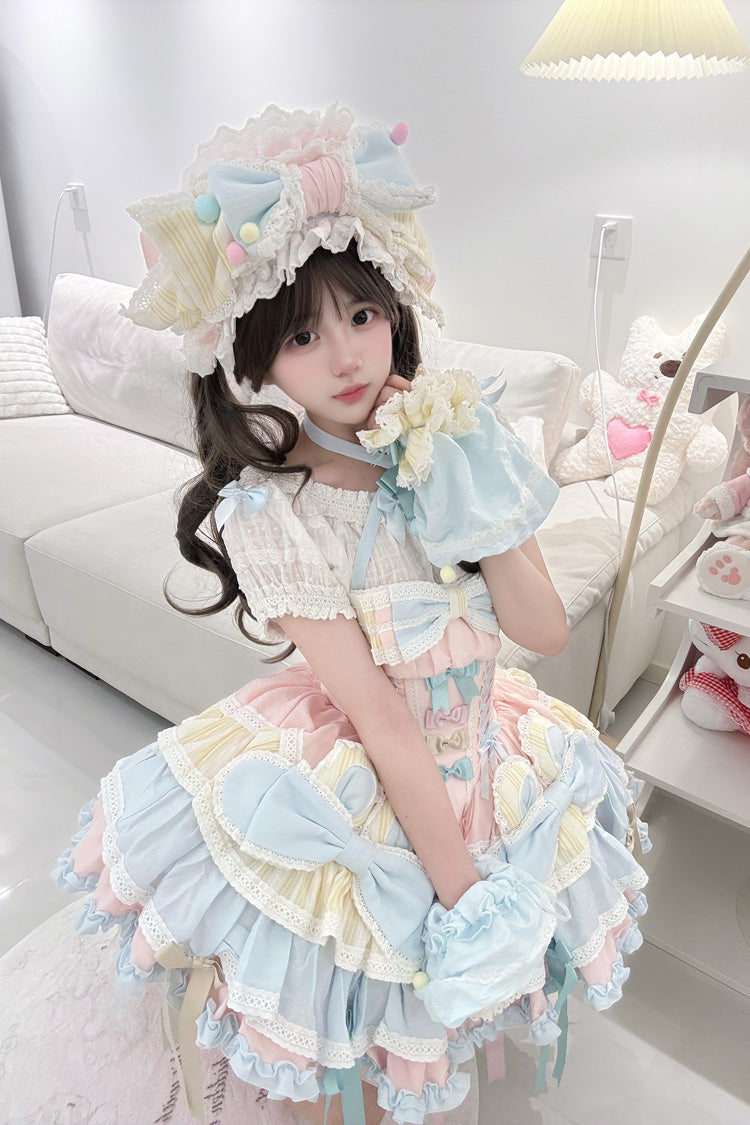 Multi-Color [Ribbon Dance] Multi-Layered Ruffle Bowknot Lace-Up Sweet Princess Lolita Dress