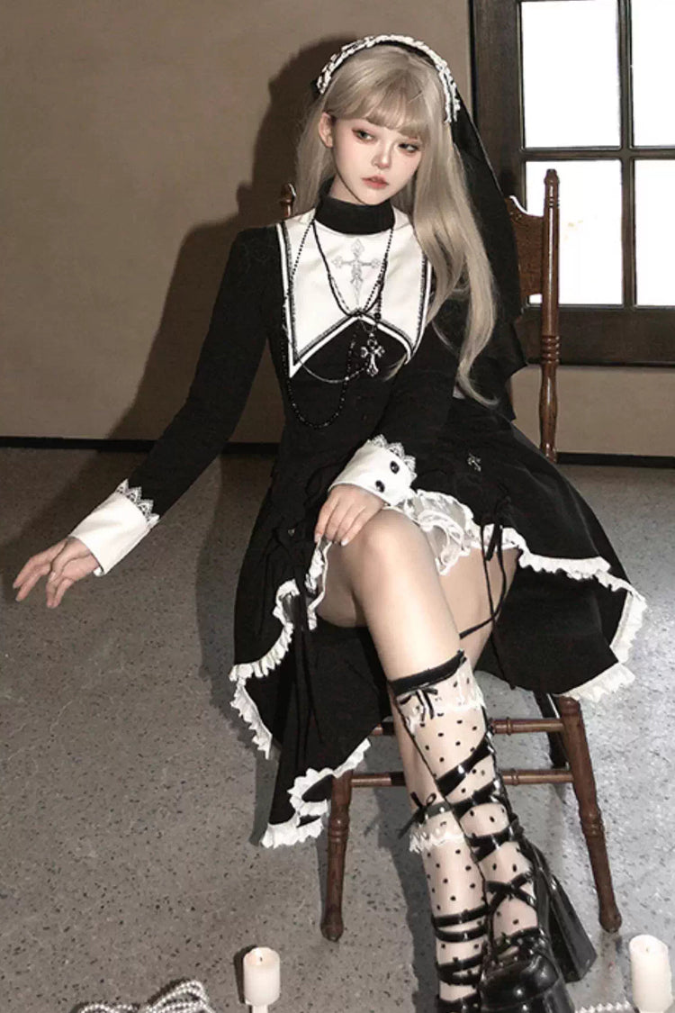Black/White [Peace Prayer] Long Sleeves Ruffle Bowknot Asymmetric Gothic Lolita Skirt Set