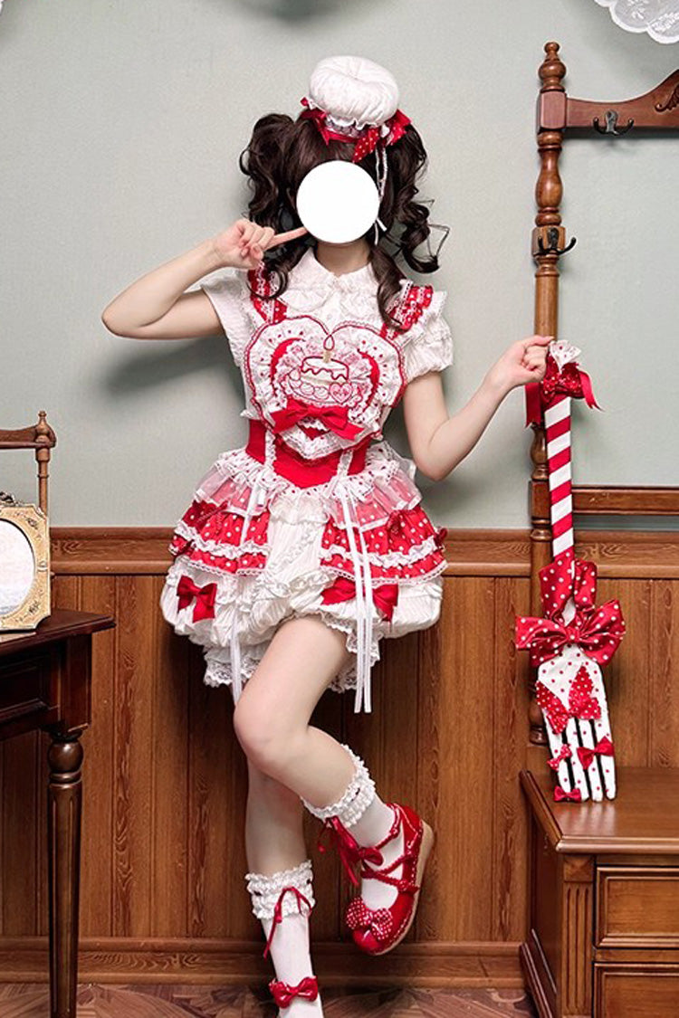 Red/White [Twin Bears] Birthday Cake Sleeveless Print Ruffle Bowknot Lace Sweet Lolita Small Flower Bud Dress