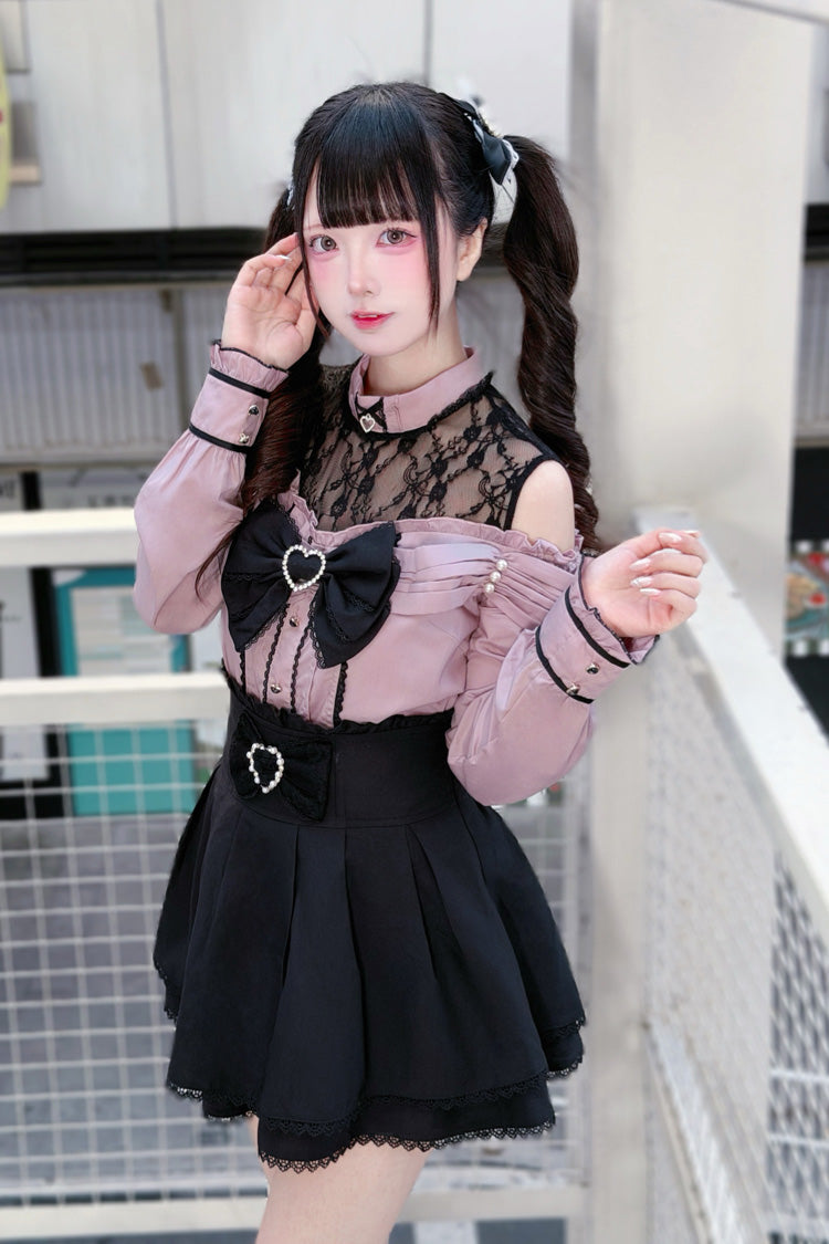 [Frosted Pearl Princess] Round Collar Off Shoulder Long Sleeves Bow Lace Sweet Jirai Kei Japanese Skirt Set 2 Colors