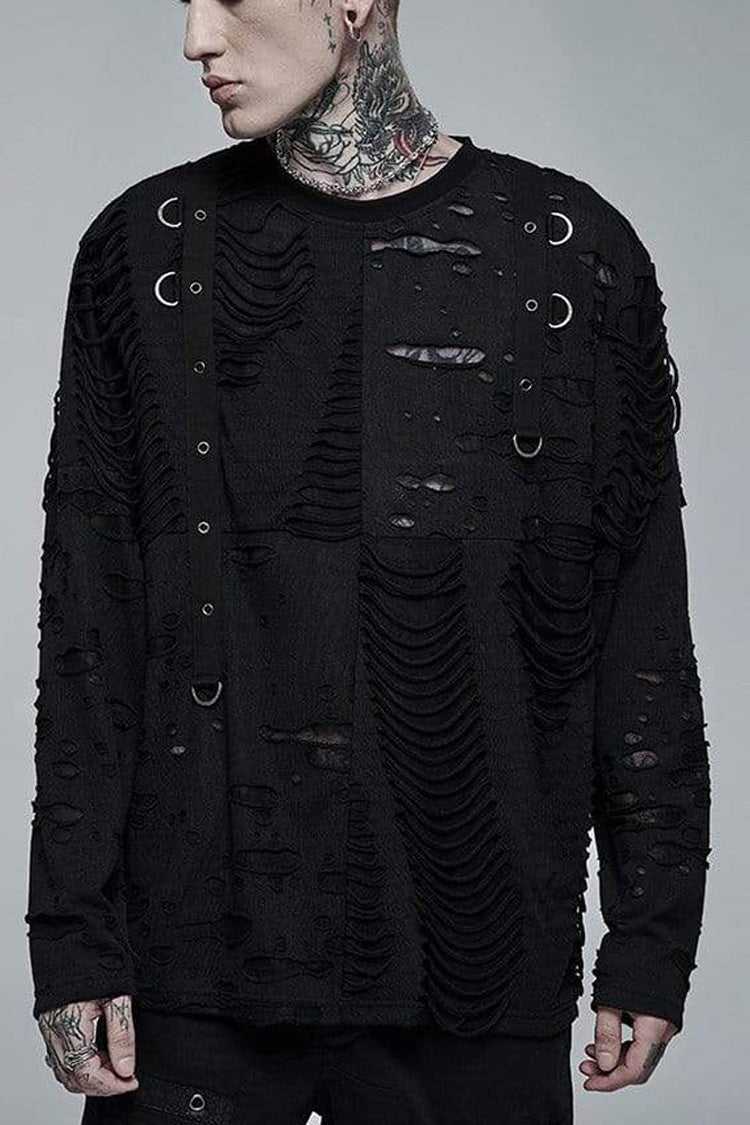 Black Gothic Broken Holes Knitted Fabric Stitching Metal Buckle Detachable Decorative Tape Long Sleeve Men's T-Shirt