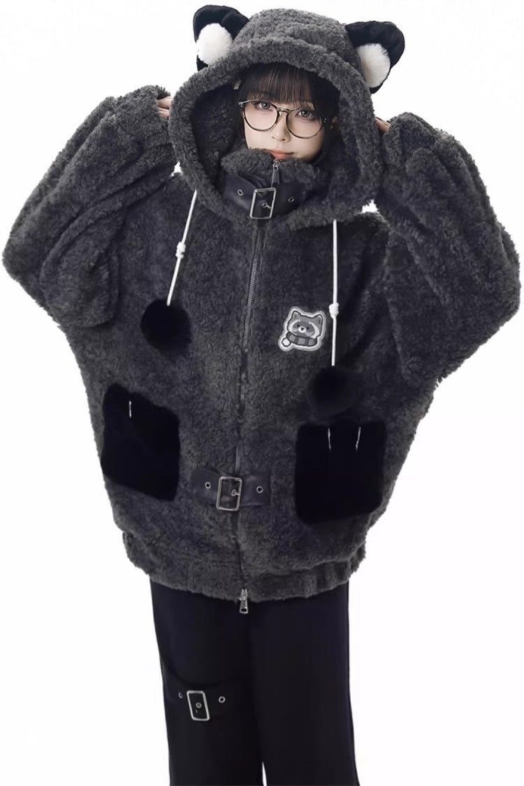 Black/Grey [Little Hibernating Bear] Long Sleeves Hooded Zippered Sweet Lolita Coat and Pants Set