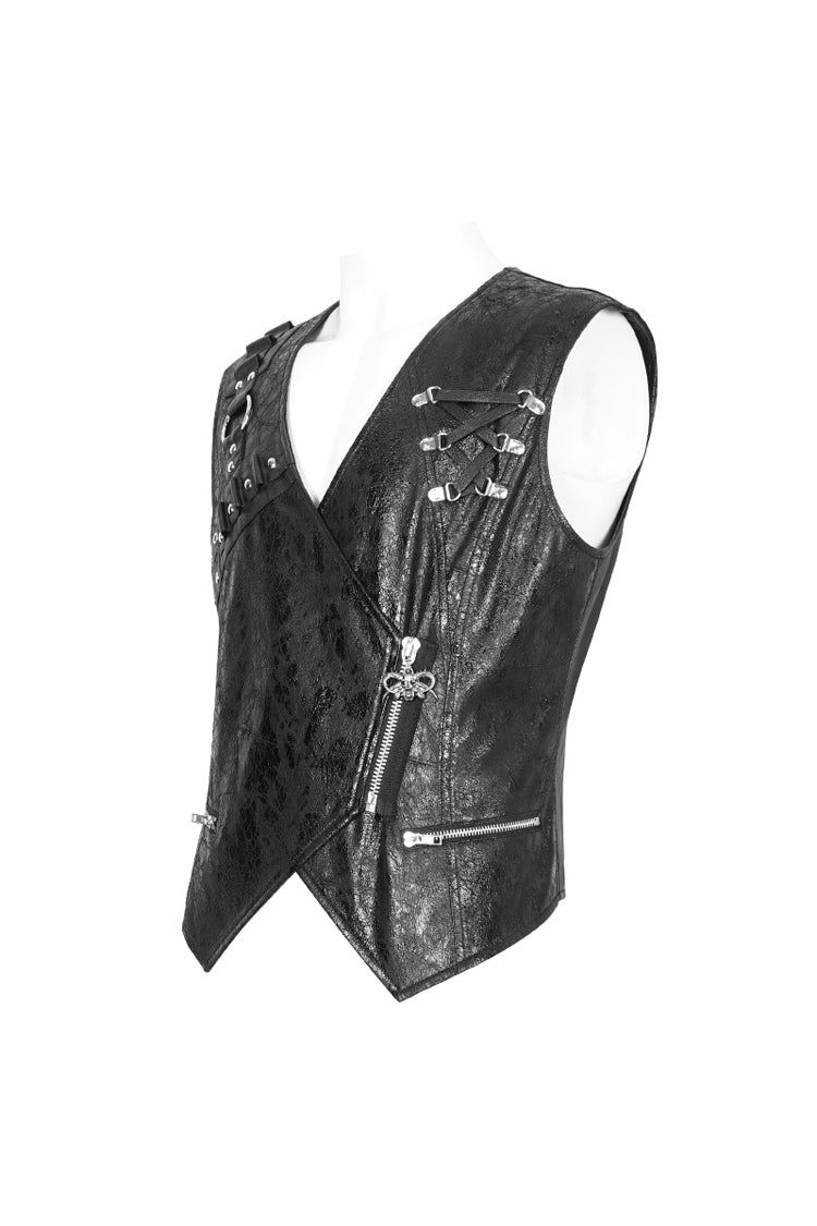Black Zipper Faux Leather Men's Punk Waistcoat