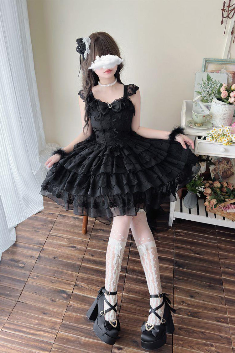 Black [From Broken Wings to Rebirth] Sleeveless Multi-Layered Ruffle Bowknot Lace-Up Gothic Ballet Lolita Jsk Dress