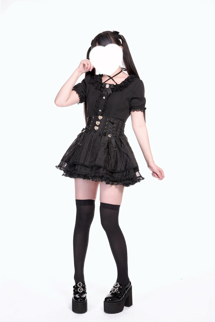 [Love Hanabi] Triple-Layered Bowknot Lace-Up Organza Sweet Jirai Kei Japanese Skirt 3 Colors