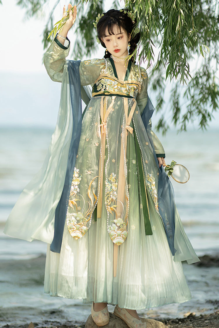 Multi-Color Chinese Style Embroidery High Waisted Hanfu Dress Full Set ...