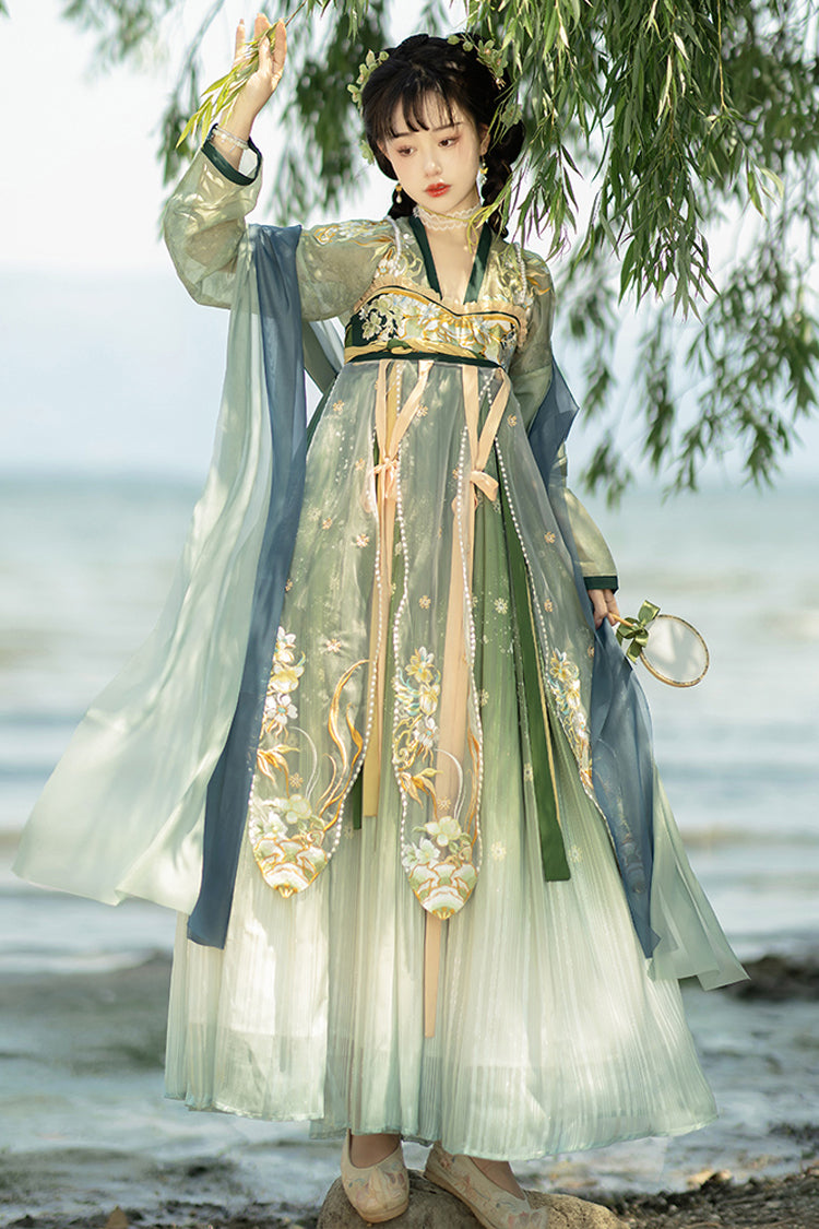 Multi-Color Chinese Style Embroidery High Waisted Hanfu Dress Full Set