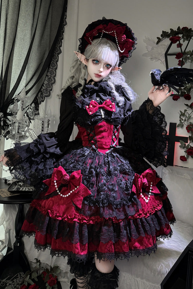 Black/Red [Rose Princess] Sleeveless Ruffle Bowknot Lace Lace-Up Gothic Ballet Lolita Jsk Dress