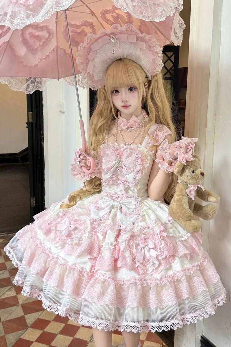 Pink [Cloud & Blossom Whispers] Square Collar Flutter Sleeves Ruffled Wedding Style Bow Lace Sweet Lolita Jsk Dress