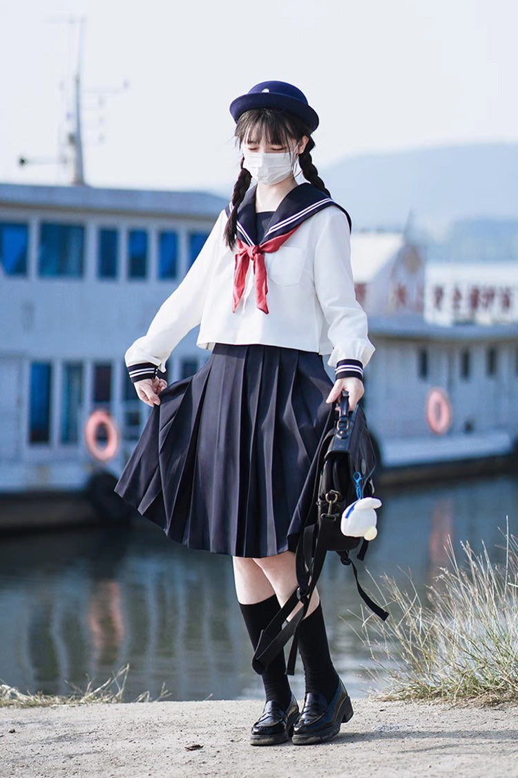 White/Dark Blue Long Sleeves Sweet Japanese School Skirt Set