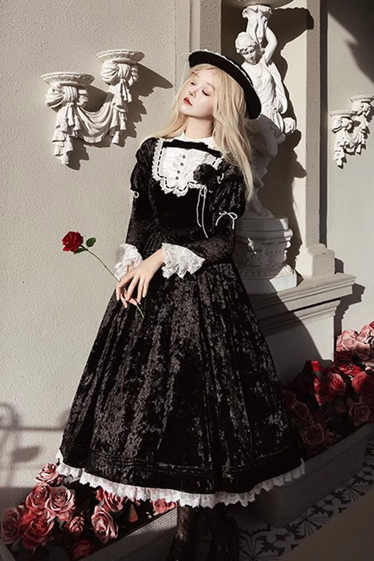 Black [Whispering Castle] Long Sleeves Ruffle Bowknot Lace Gothic Lolita Dress