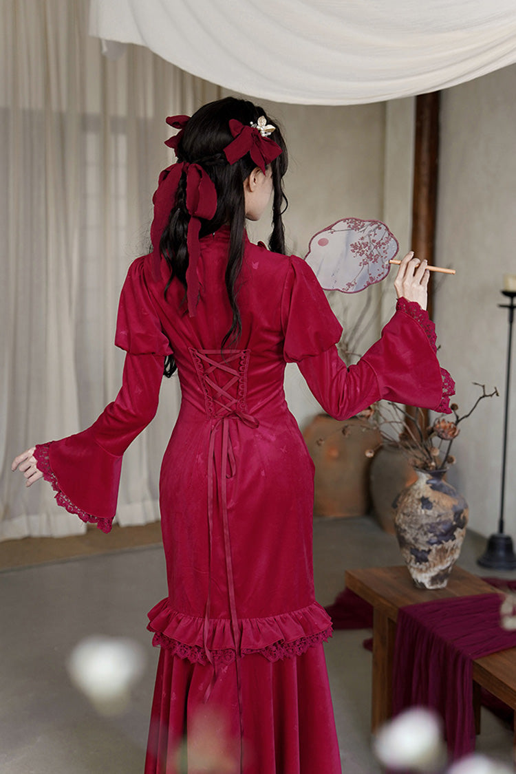 Red Long Sleeves Ruffle Embroidery Bowknot Lace Classic Chinese Style Elegant Lolita Dress