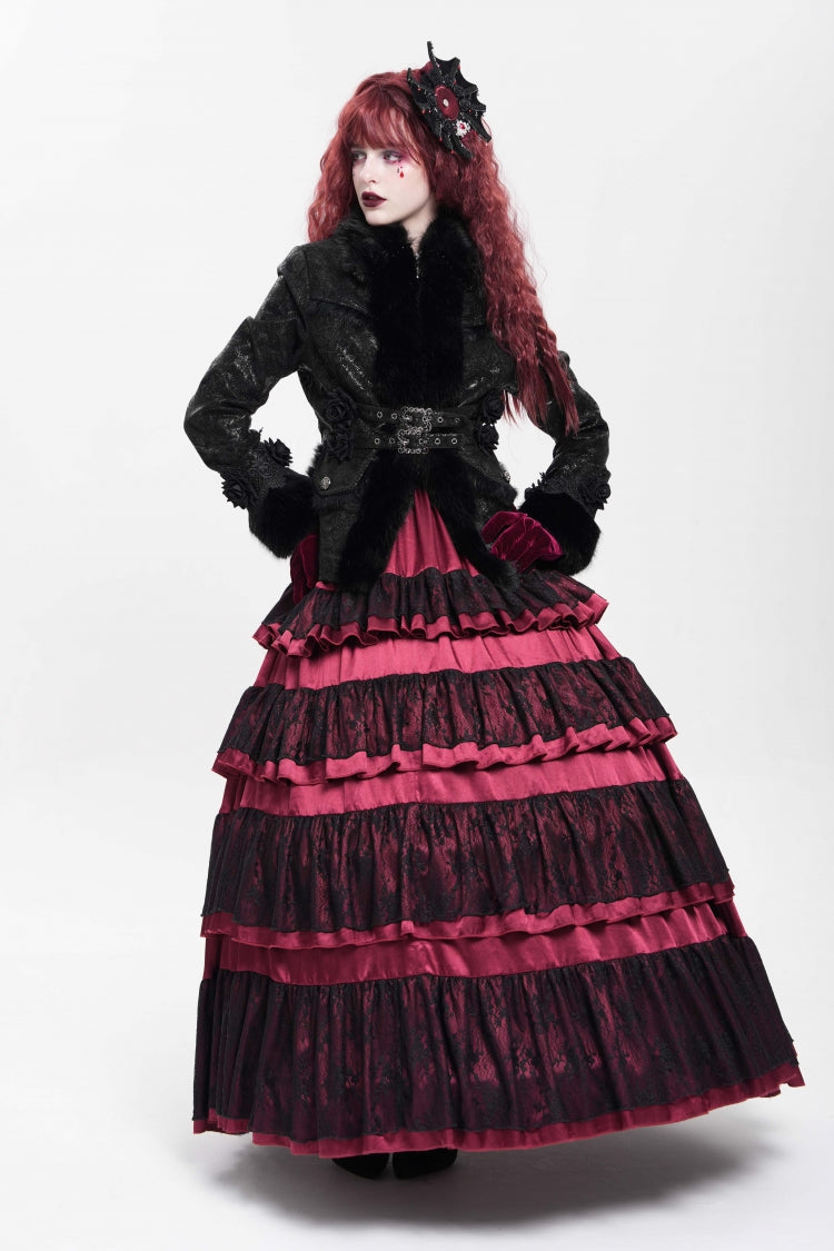 Black Long Sleeves Rose Floral Embroidery Buckle Straps Women's Gothic Coat