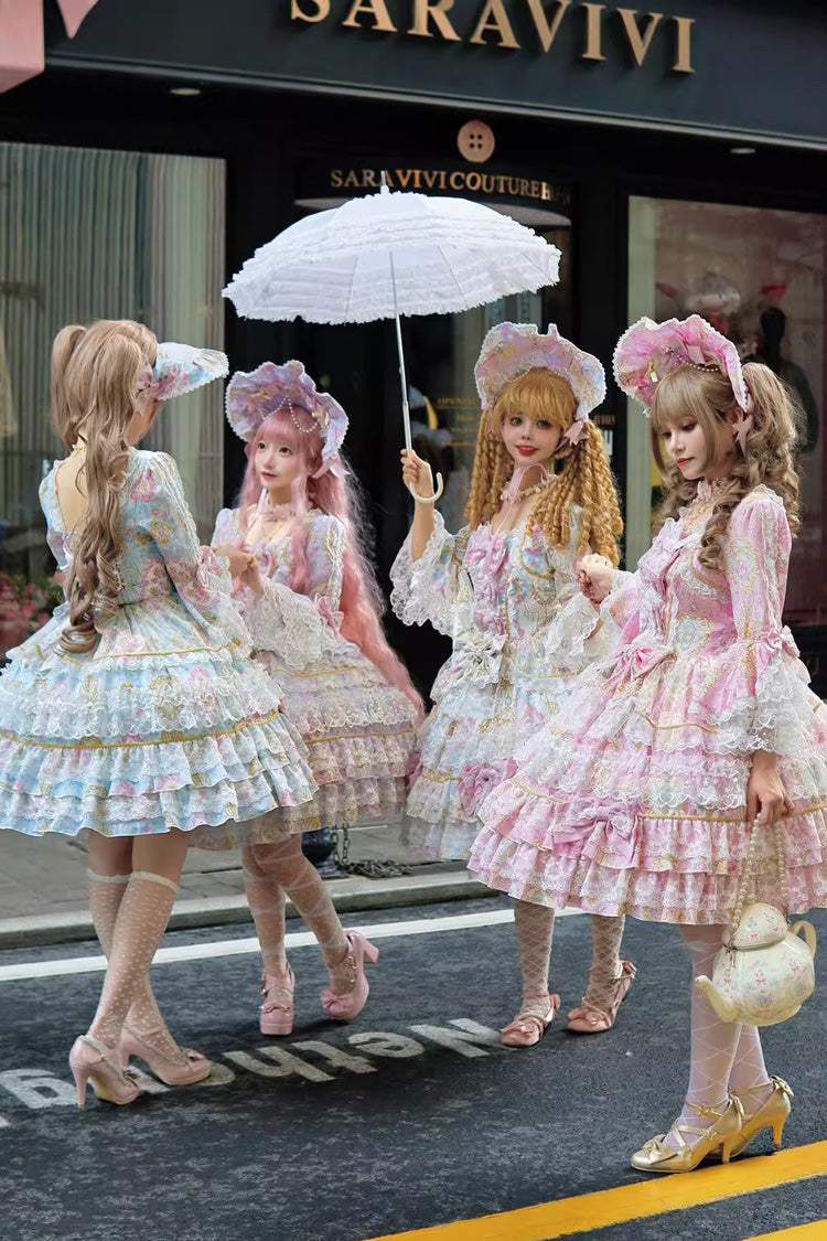 Pink [Candlelight Elegance] Long Trumpet Sleeves Multi-Layered Ruffle Bowknot Lace Sweet Elegant Lolita Dress