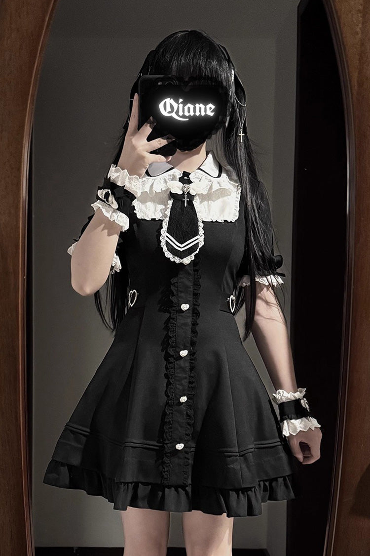 Black [Angel Creed] Short Sleeves Ruffle Bowknot Stitching Lace Gothic Plus Size Japanese College Style Jirai Kei Dress