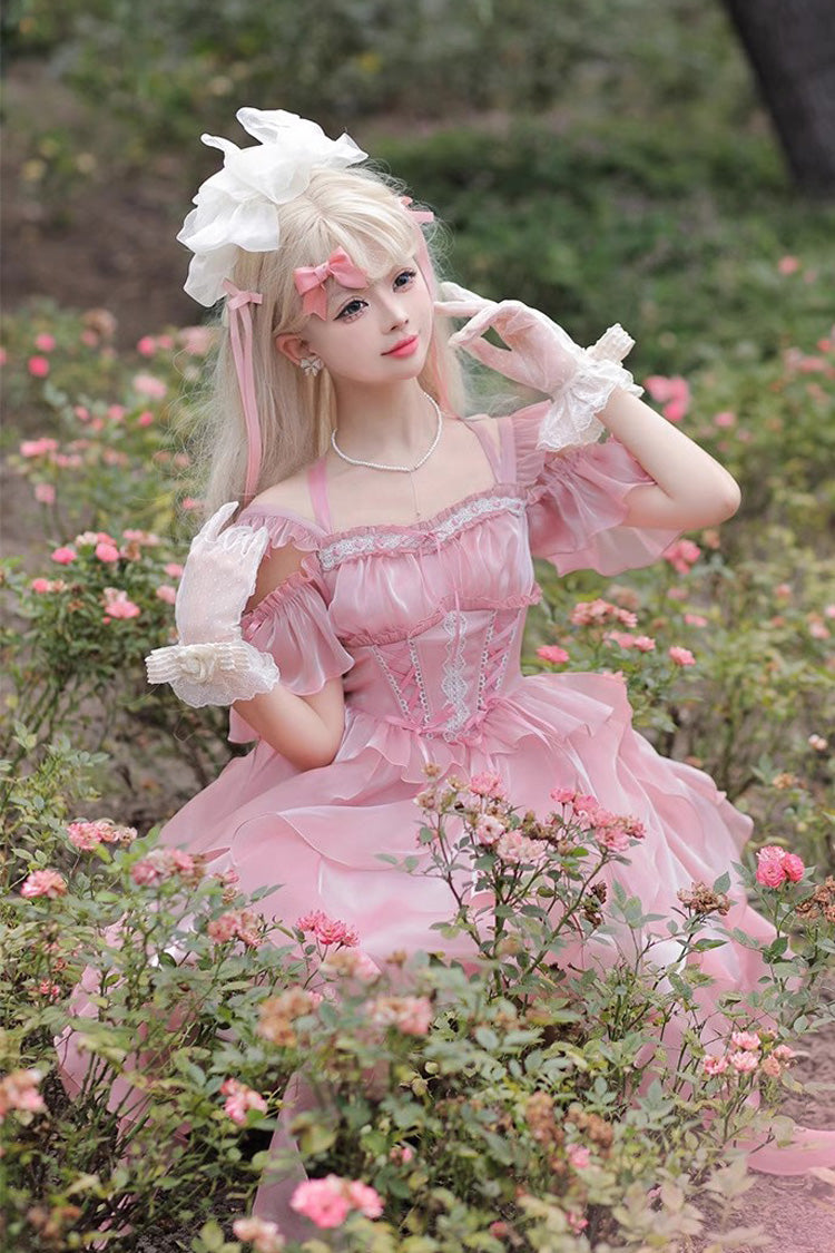 Princess Wedding High Waisted Lace Sweet Lolita Strapless Dress 2 Colors