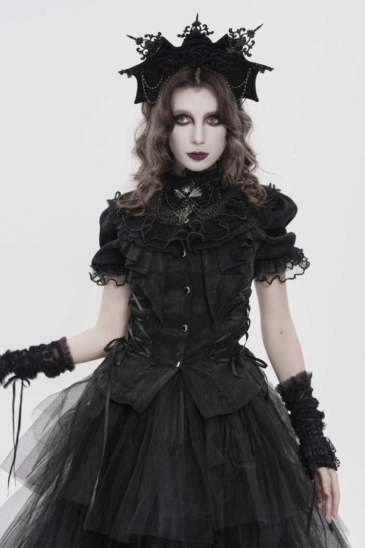Schwarze Gothic-Palastbluse mit Stehkragen, kurzen Ärmeln, bestickter Spitze und schmaler, plissierter Damenbluse