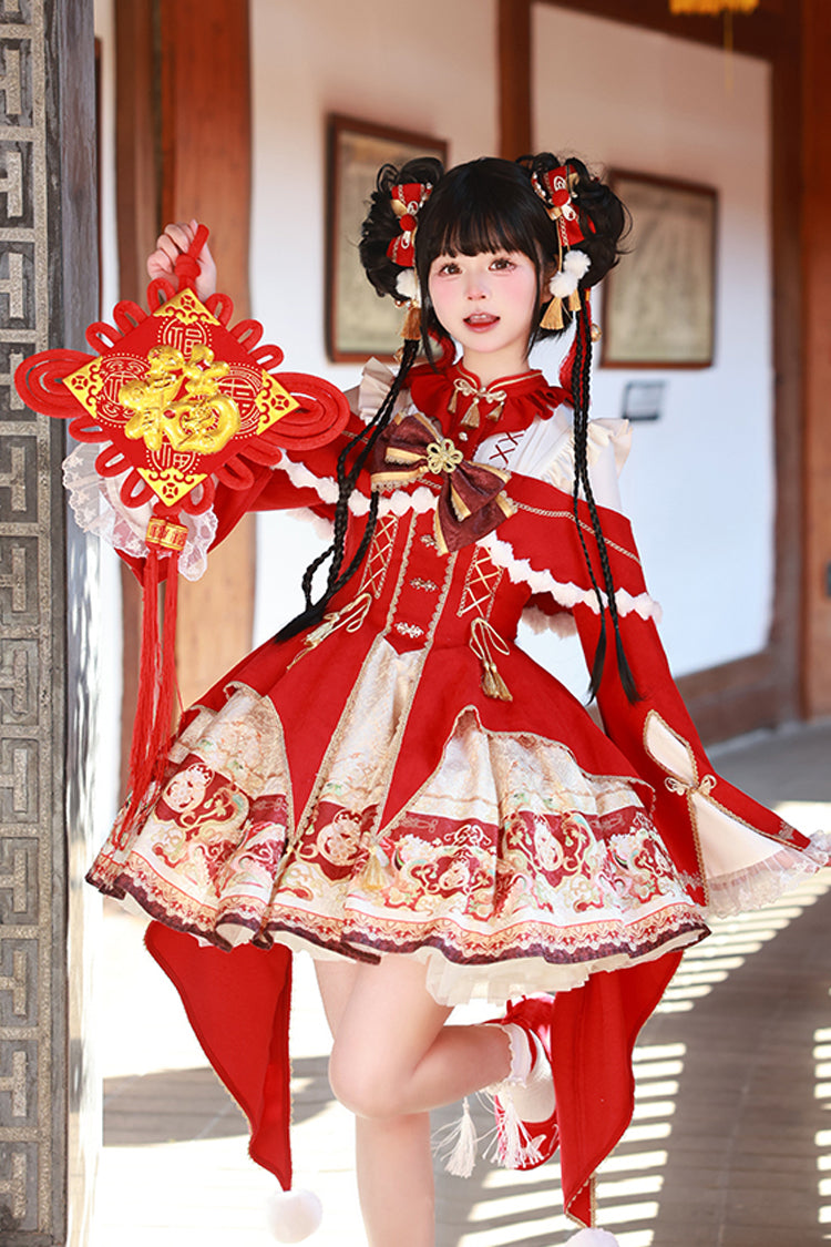 Red [New Year] Print Ruffle Bowknot Lace-Up Sweet Chinese Style Lolita Jsk Dress