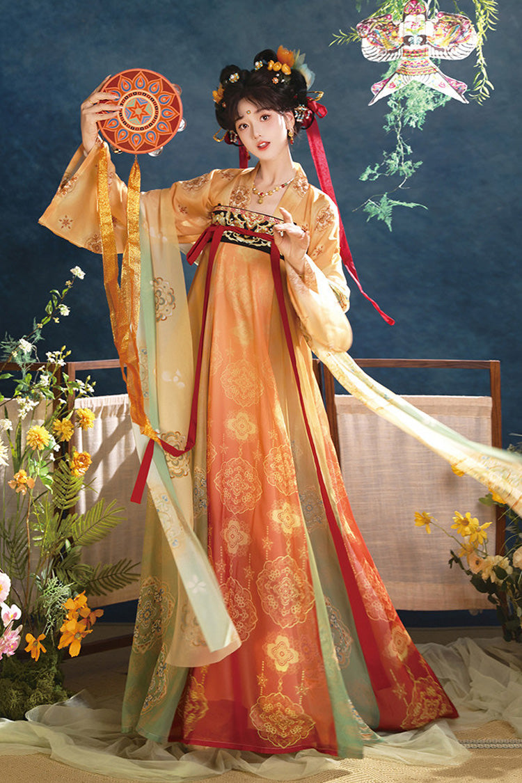 Orange/Green [Cloud And Water Ballad] Long Sleeves High Waisted Ombre Printed Embroidered Women's Luxurious Royal Hanfu Set