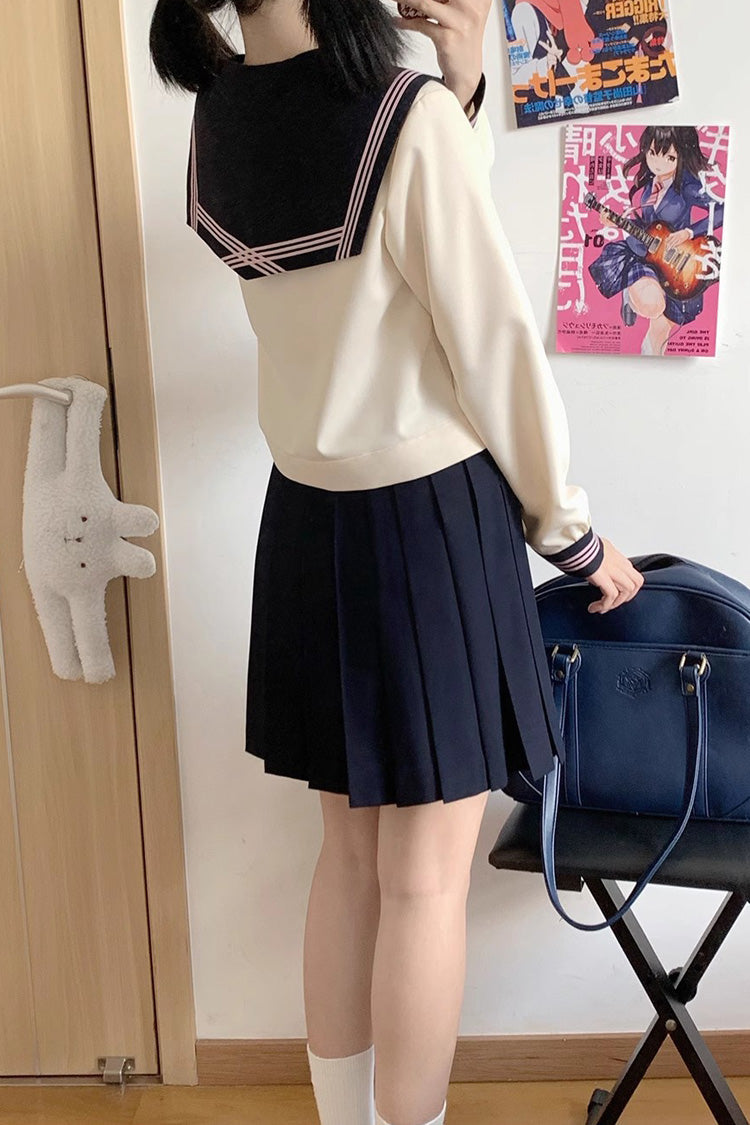 ダークブルー/アイボリーセーラー襟長袖甘い日本のスクールスカートセット