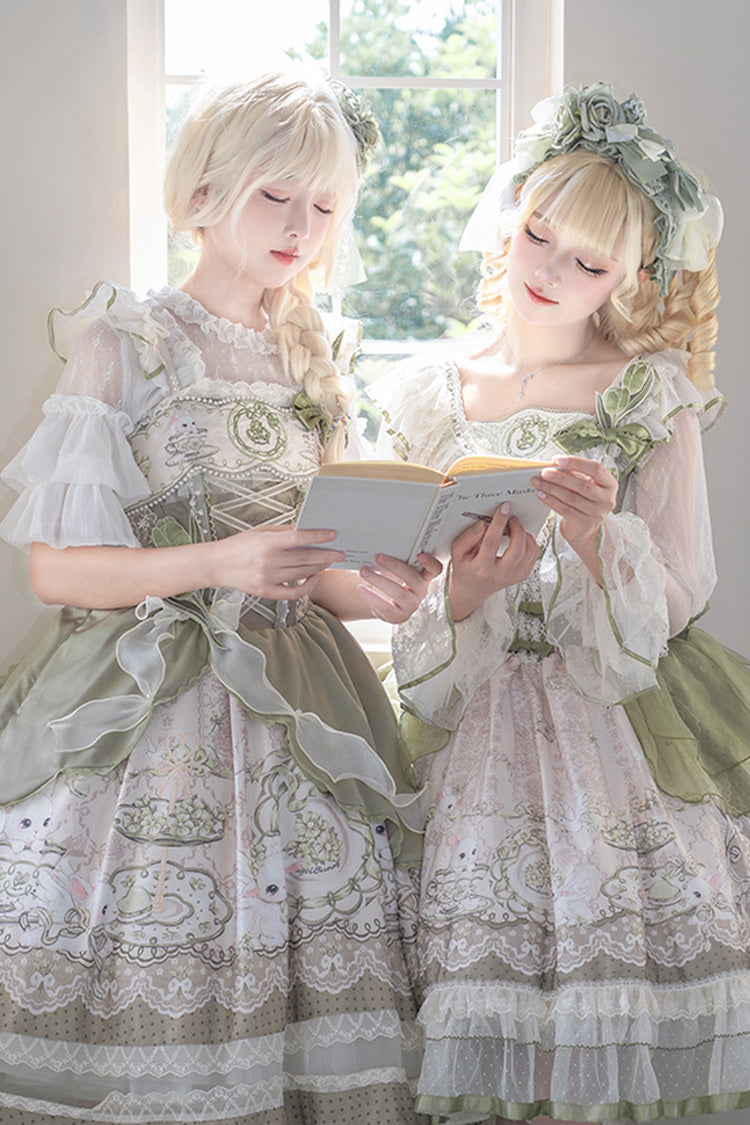 Green [Teacup Rabbit] Multi-Layered Print Ruffle Embroidery Bowknot Lace Asymmetric Sweet Elegant Lolita Jsk Dress